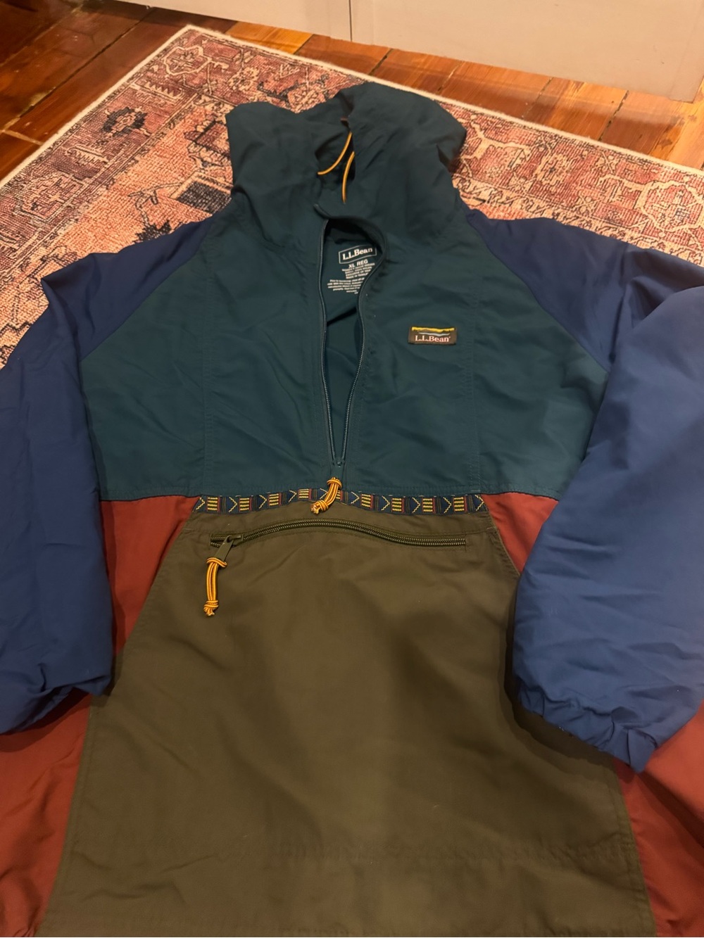 L.L. Bean Colorblock Hooded Pullover Jacket in Blue/Green/Brown